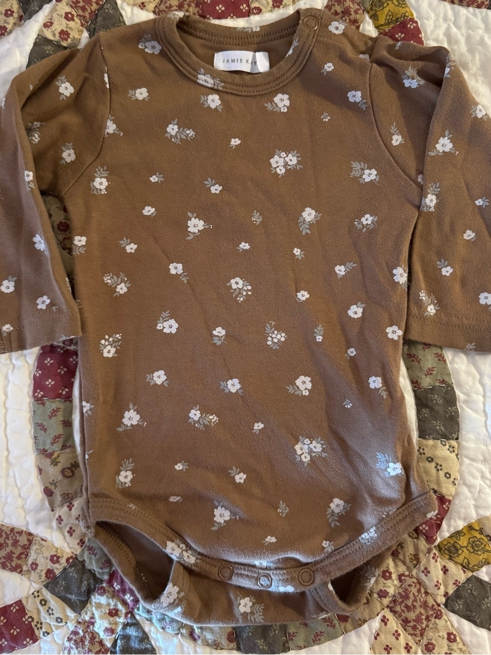 Jamie Kay Brown Floral Long Sleeve Bodysuit with White Flowers
